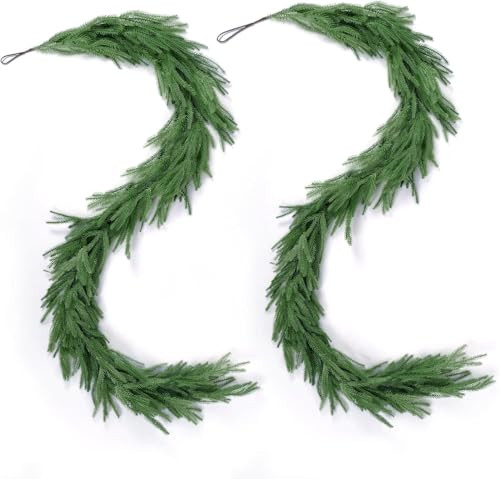 2 Pcs Christmas Norfolk Pine Garlands, Real Touch Winter Pine Garland, Artificial Greenery Garland for Christmas Table Wall Fireplace Mantle Outdoor Decoration | Amazon (US)