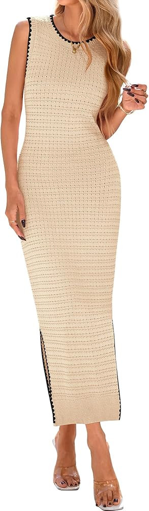 BTFBM Womens Knit Bodycon Midi Dress Casual Sleeveless See Through Cover Up Dresses Crew Neck Sli... | Amazon (US)