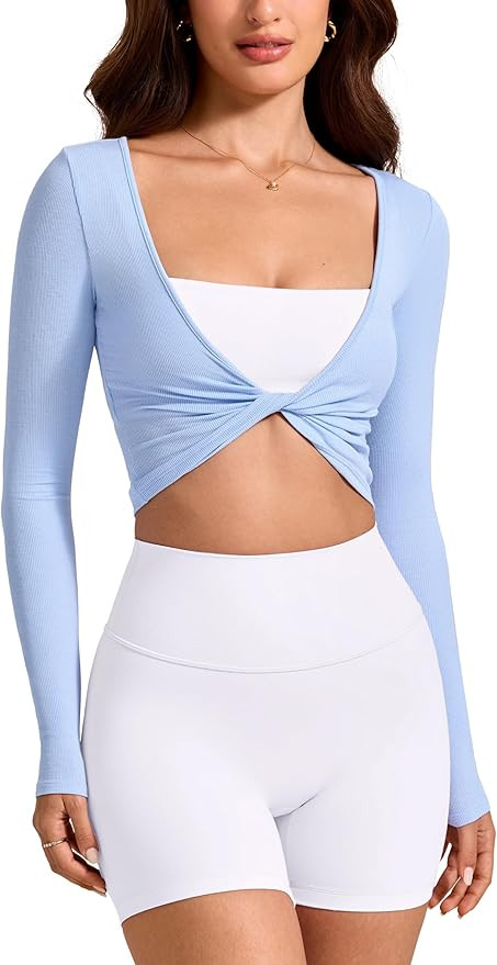 Womens Long Sleeve Knot Top Twist Front Cropped Activewear Ribbed Shirt Ballet Pilates Yoga Gym T... | Amazon (US)