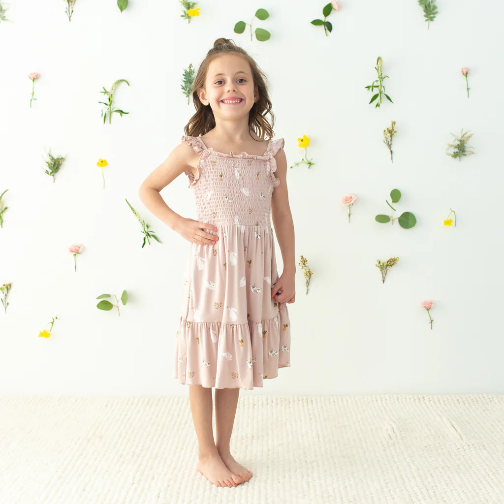 Smocked Dress in Blush Rabbit | Kyte BABY