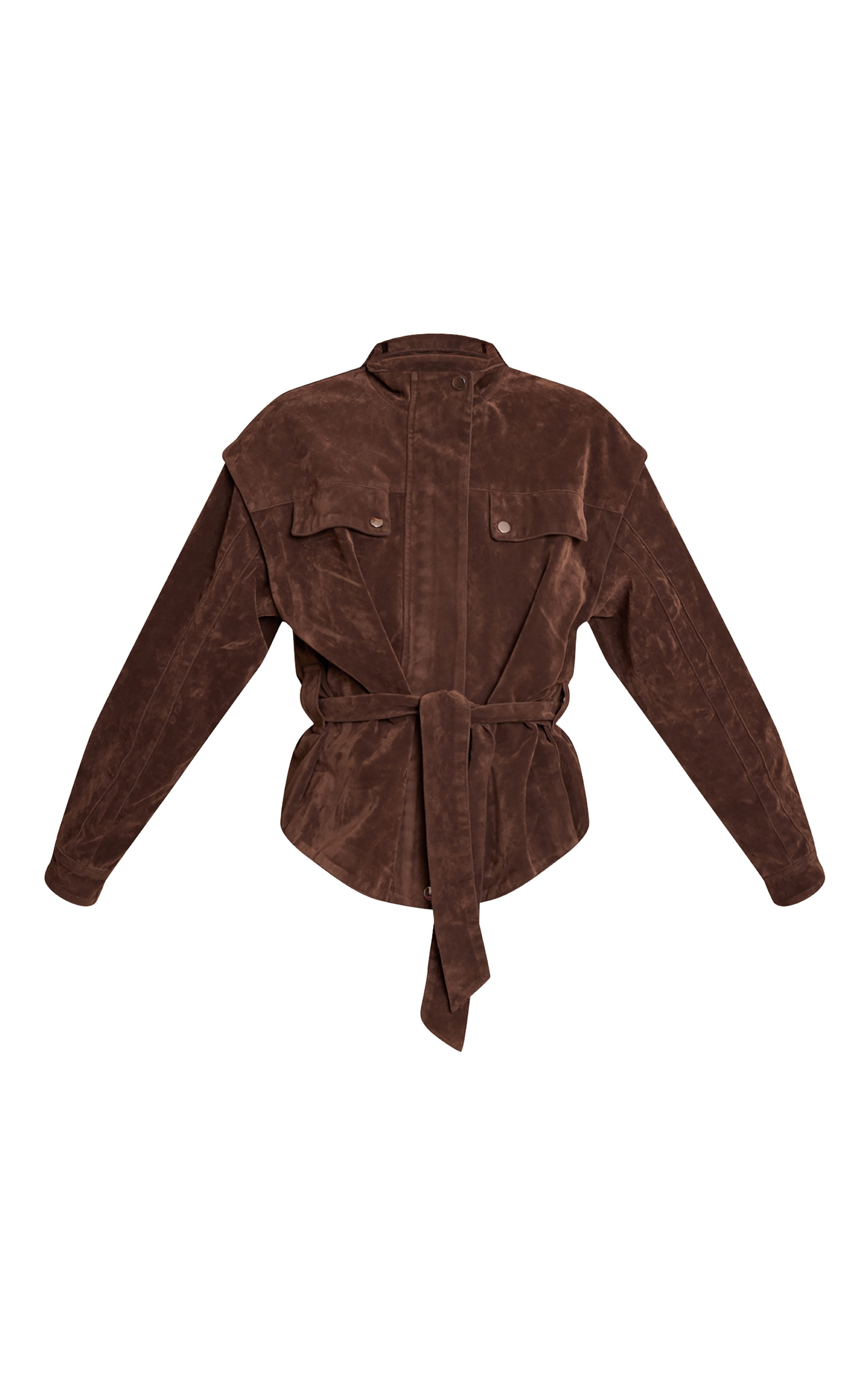 Chocolate Faux Suede Belted Drop Waist Jacket | Pretty Little Thing (Australia & New Zealand)