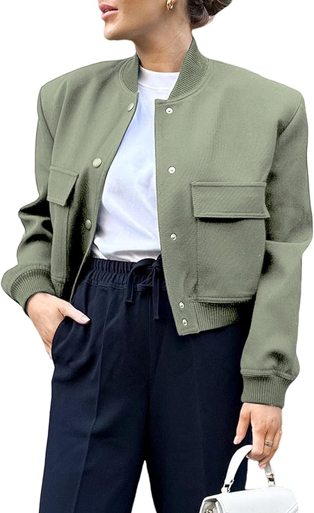 Women's Cropped Bomber Jacket Button Down Stand Collar Varsity Coats Outerwears with Pockets | Amazon (US)