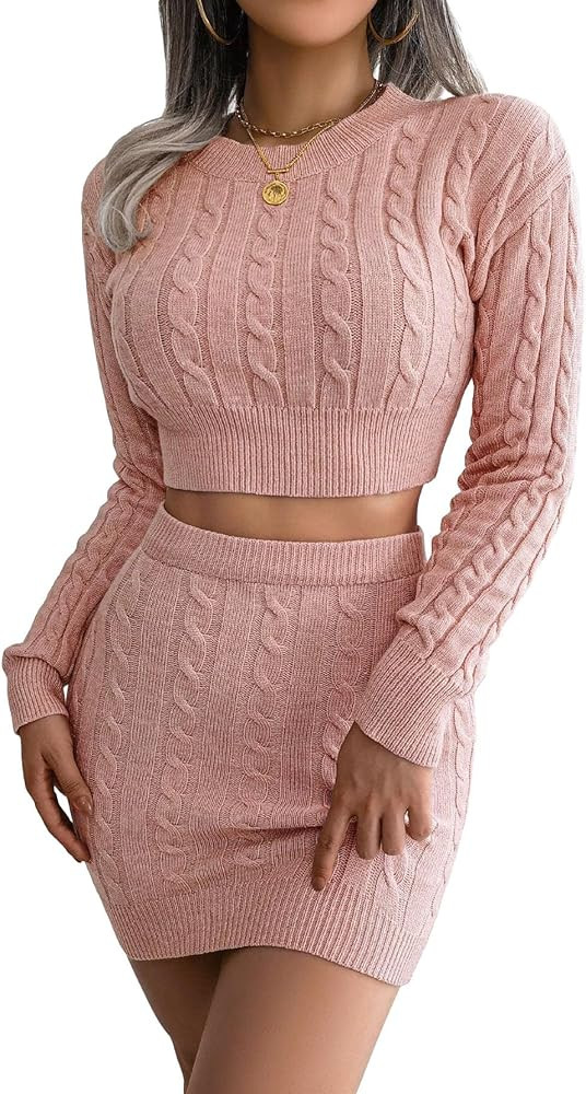 SHENHE Women's 2 Piece Outfits Cable Knit Crop Sweater and Bodycon Mini Skirt Knit Set | Amazon (US)