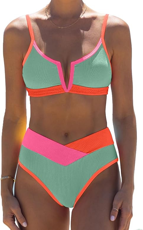 HYTENSUN Women's High Waisted Colorblock V Cut Bikini Ribbed V-Wired High Cut Cami Two Pieces Swi... | Amazon (US)