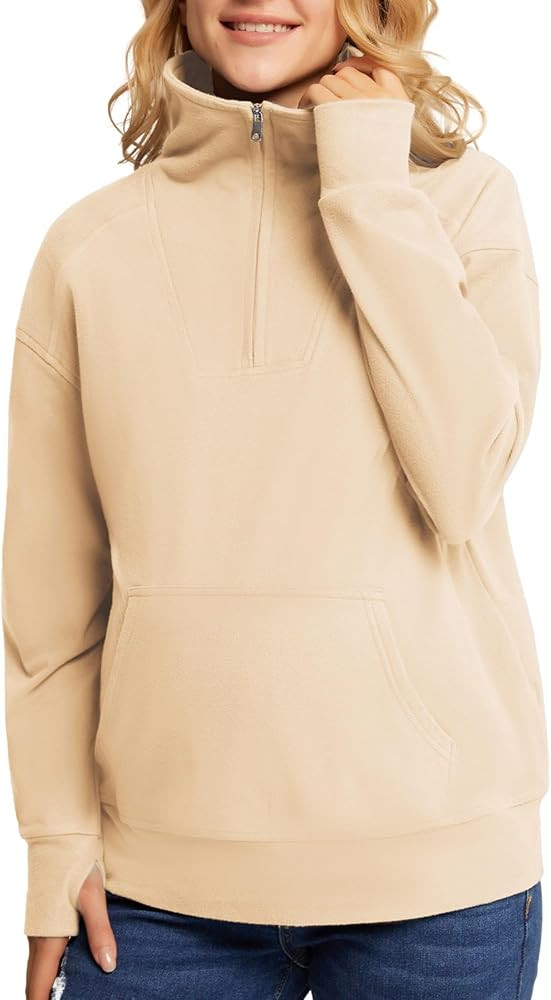 Maacie Maternity Sweatshirts Lapel Half Zip Thermal Fleece Pullover with Thumbholes & Kangaroo Po... | Amazon (US)