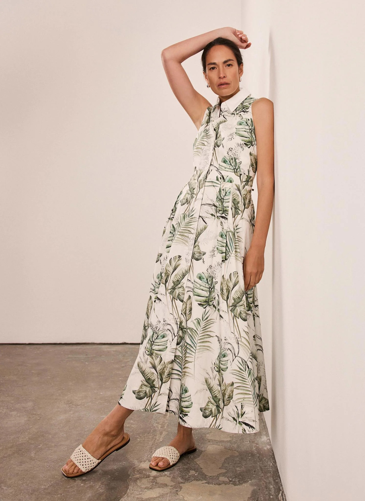 Green Palm Print Midi Shirt Dress | Mint Velvet