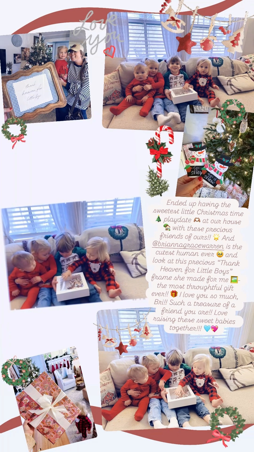 Ended up having the sweetest little Christmas time 🎄 playdate 🫶🏽 at our house 🏡 with these precious friends of ours!! 🌟 And @briannagracewarren is the cutest human ever 🥹 and look at this precious “Thank Heaven for Little Boys” frame she made for me 🖼️- the most throughtful gift ever!! 🎁 I love you so much, Bri!! Such a treasure of a friend you are!! Love raising these sweet babies together!!! 🩵💖