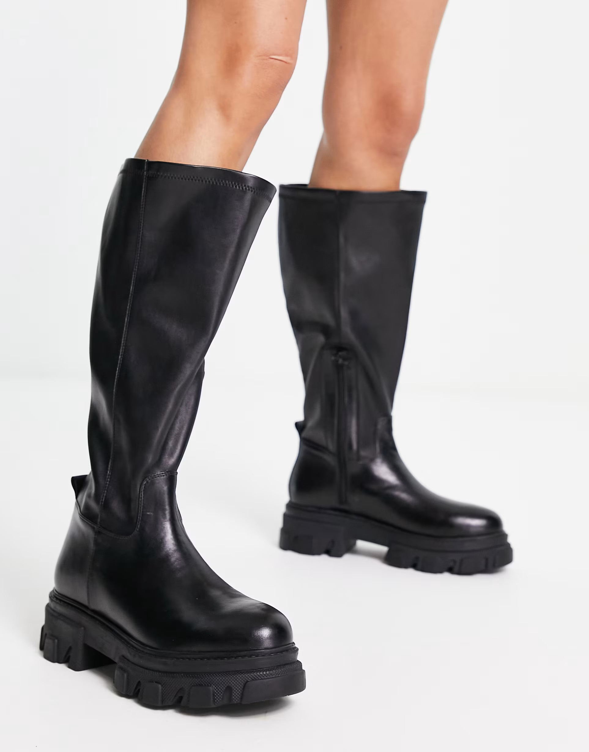 Simply Be Wide Fit knee flat boot with cleated sole in black | ASOS (Global)