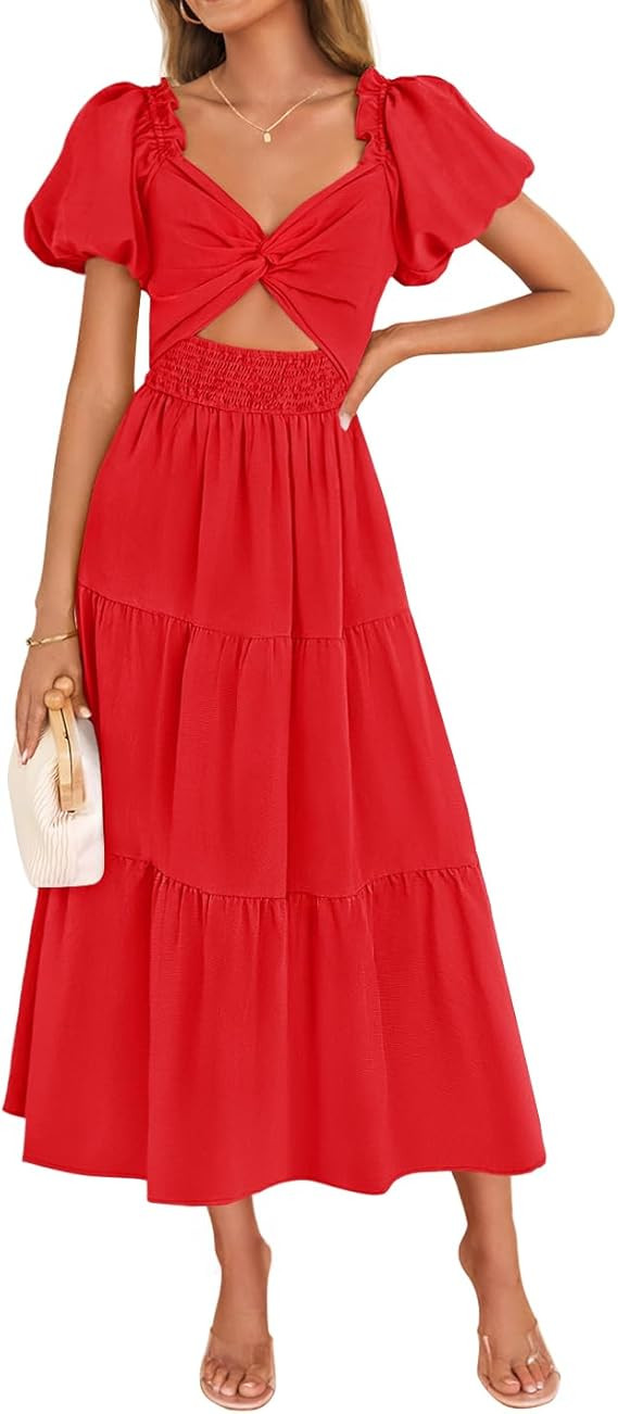 ZESICA Womens Summer 2025 Boho Vacation Dress Short Puff Sleeve Flowy Smocked Cutout A Line Beach... | Amazon (US)