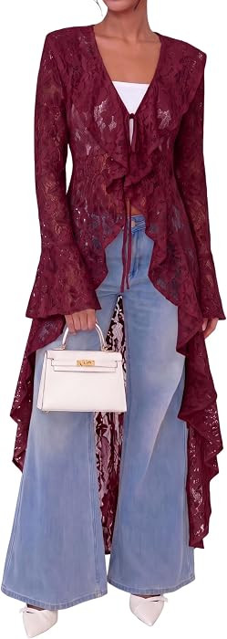 Lace Cardigan for Women Maxi Summer Lightweight Open Front Tie Bell Long Sleeve Ruffled Tops Dust... | Amazon (US)