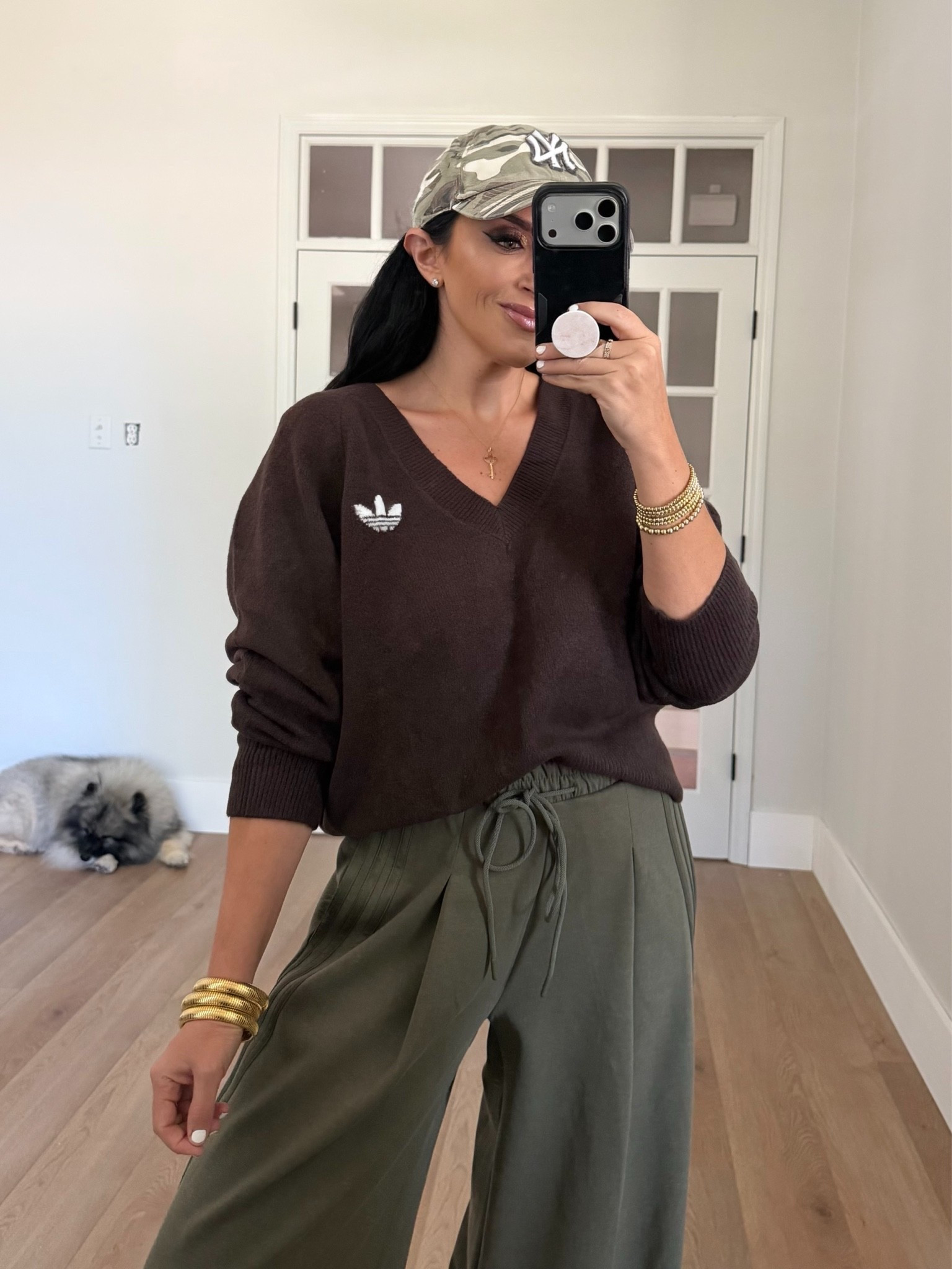 Essentials Knit V-Neck Sweatshirt Long Sleeve wearing size medium. Adidas wide leg pants wearing size small.