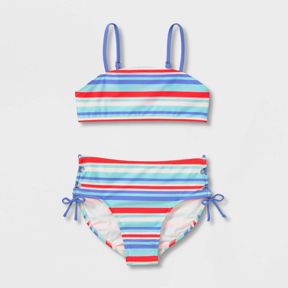 Girls' Boat's Striped 2pc Bikini Set - art class XXL, Blue/Blue/Red | Target