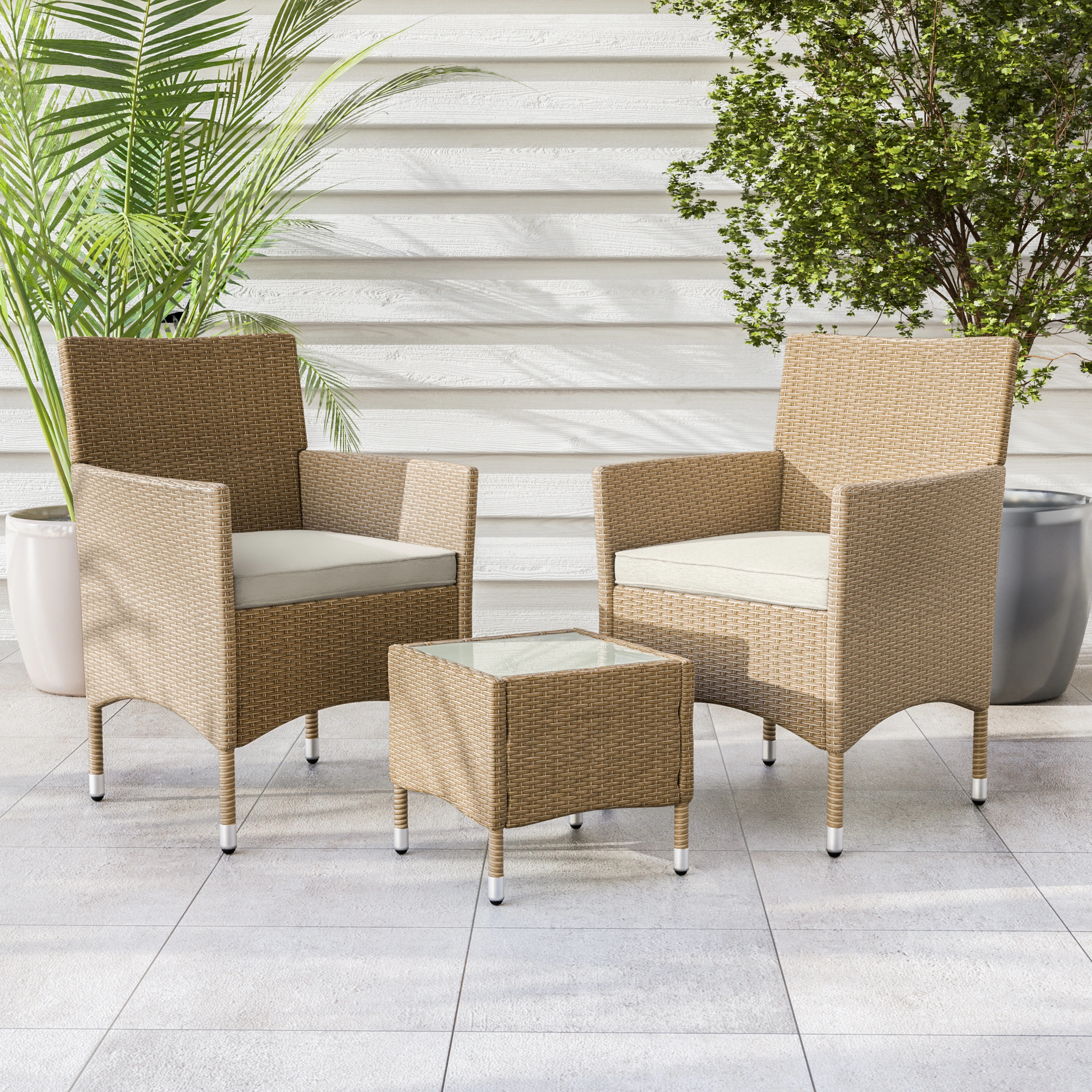 Zaara Compact Contemporary Wicker 3-Piece Outdoor Wicker Conversation Set by M&L Co - Natural | Overstock