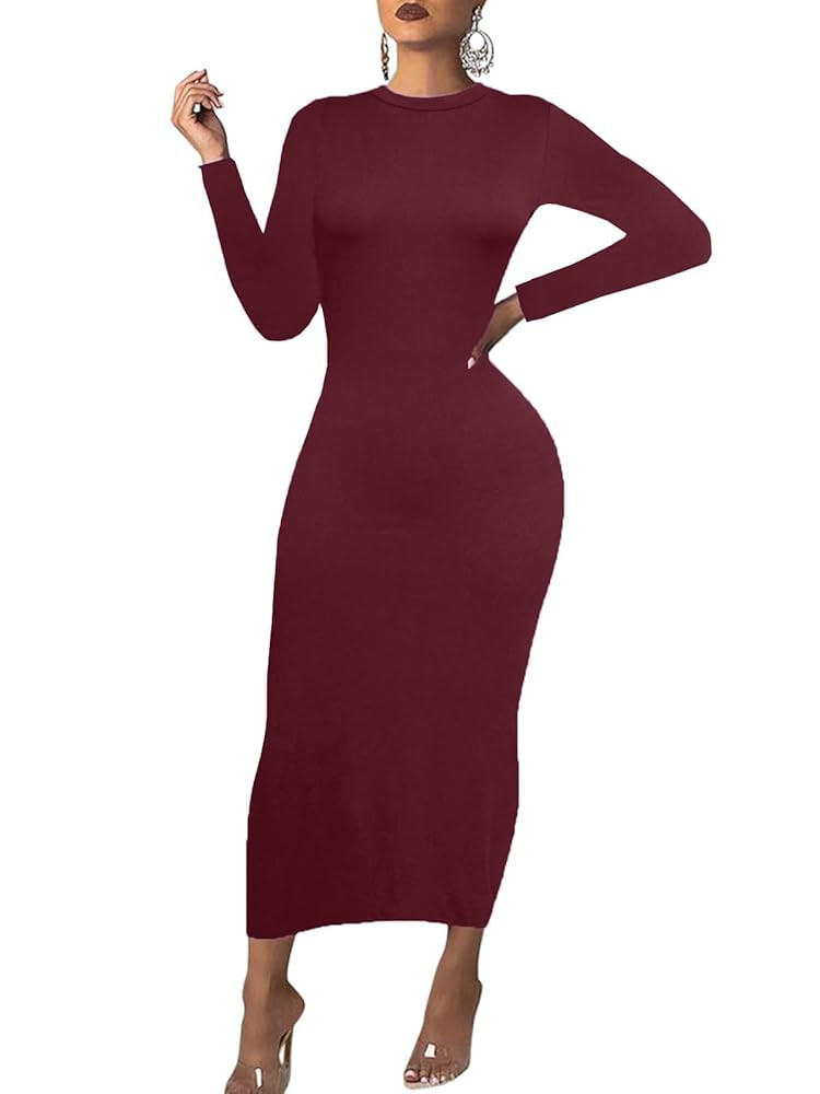 Women's Long Sleeve Bodycon Dress - Maxi Casual Fall Club Party Long Tight Pencil Dresses | Amazon (US)