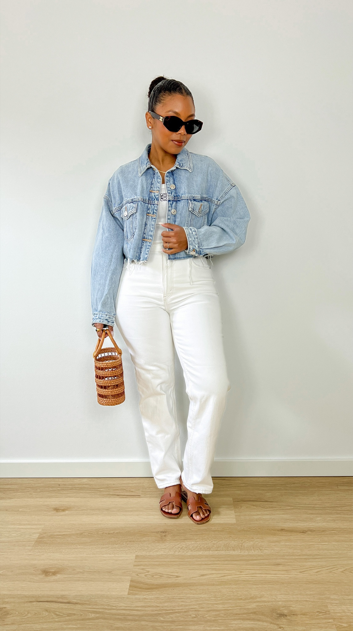 Spring fashion, spring outfits, denim look, denim jacket, minimal fashion, casual chic outfit, Hermes Oran sandals, white jeans, white tank top, Celine sunglasses, 

#LTKstyletip #LTKSeasonal #LTKcurves
