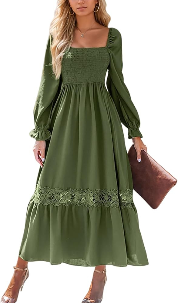 CUPSHE Womens Fall Dresses 2025 Square Neck Smocked Long Sleeve Ruffled Lace Long Formal A Line M... | Amazon (US)
