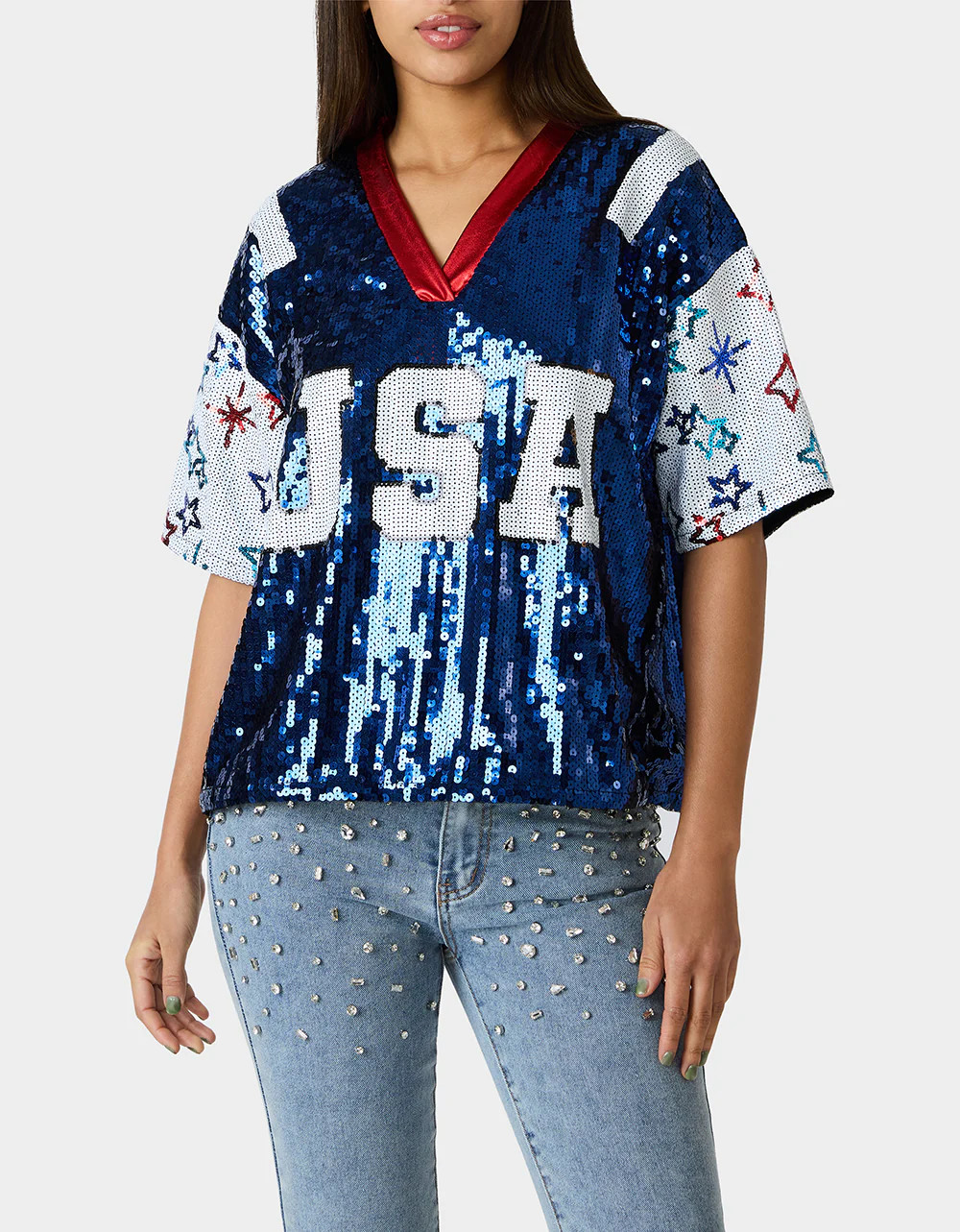 USA JERSEY BLUE Women's Red White and Blue USA Sequin Jersey | Betsey Johnson