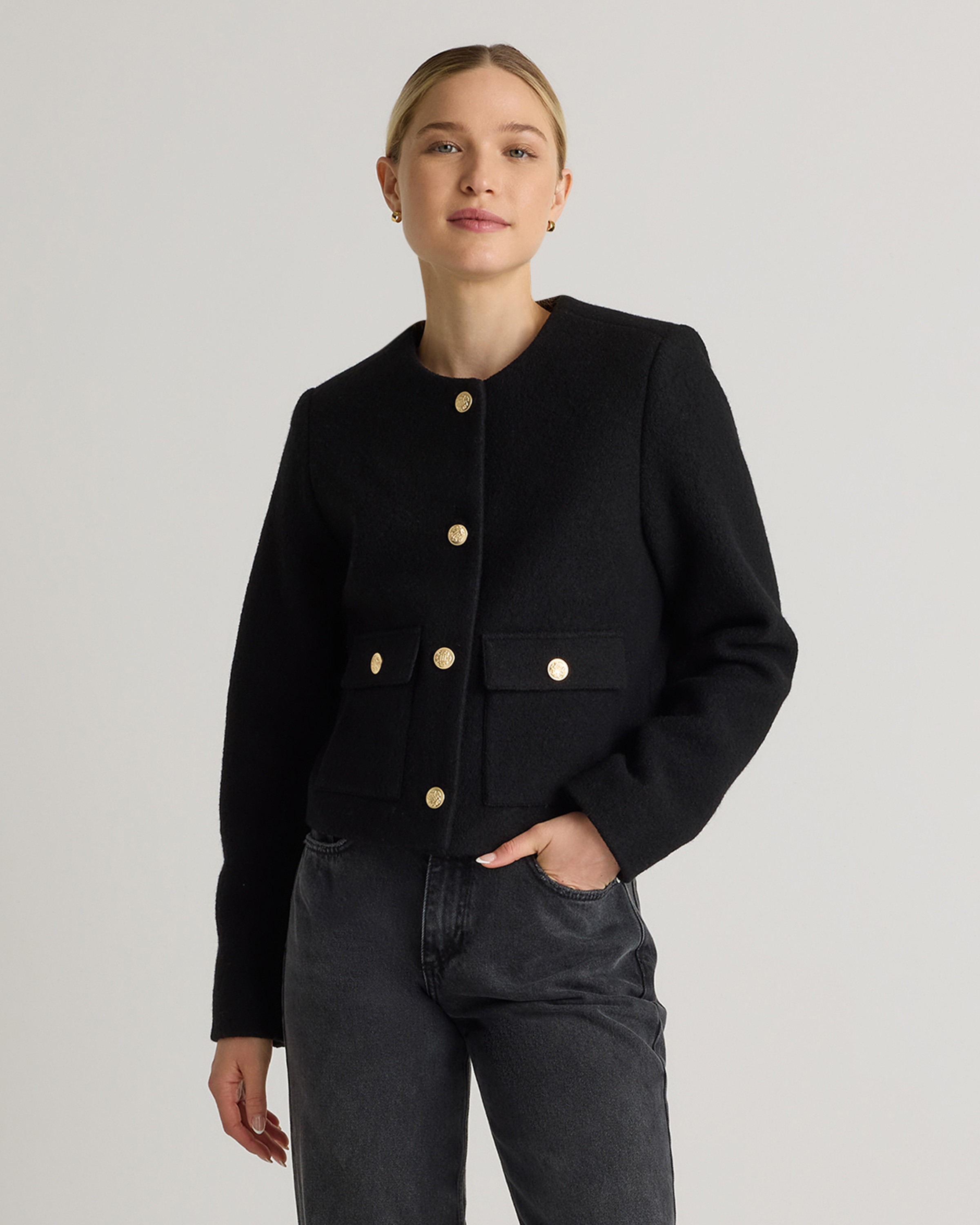 Quince | Women's 100% Merino Wool Collarless Cropped Jacket in Black, Size XL | Quince