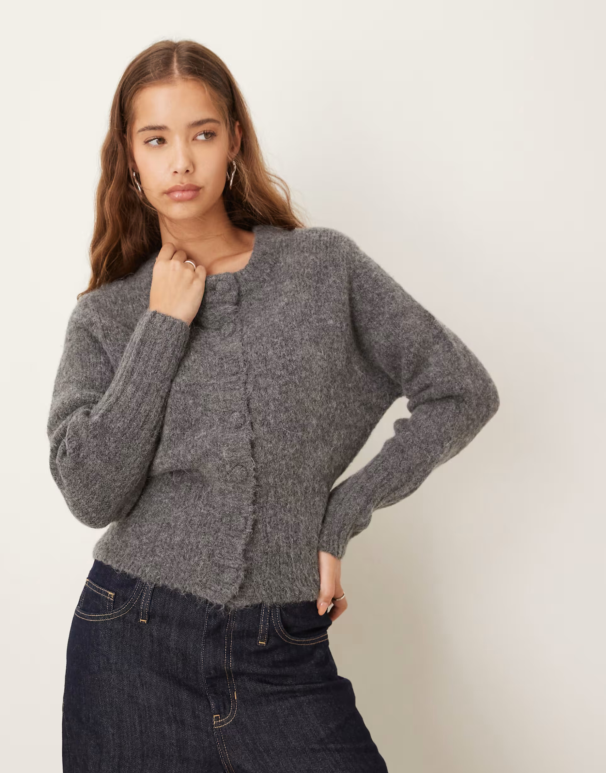 Gina Tricot long sleeve crew neck wool alpaca cardigan in dark grey melange | ASOS | ASOS (Global)