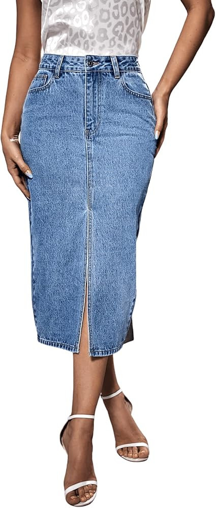SweatyRocks Women's Casual Denim Skirt High Waist Split Front Long Jean Skirts | Amazon (US)
