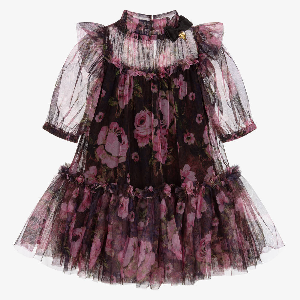 Girls Black & Pink Rose Tulle Dress | Childrensalon