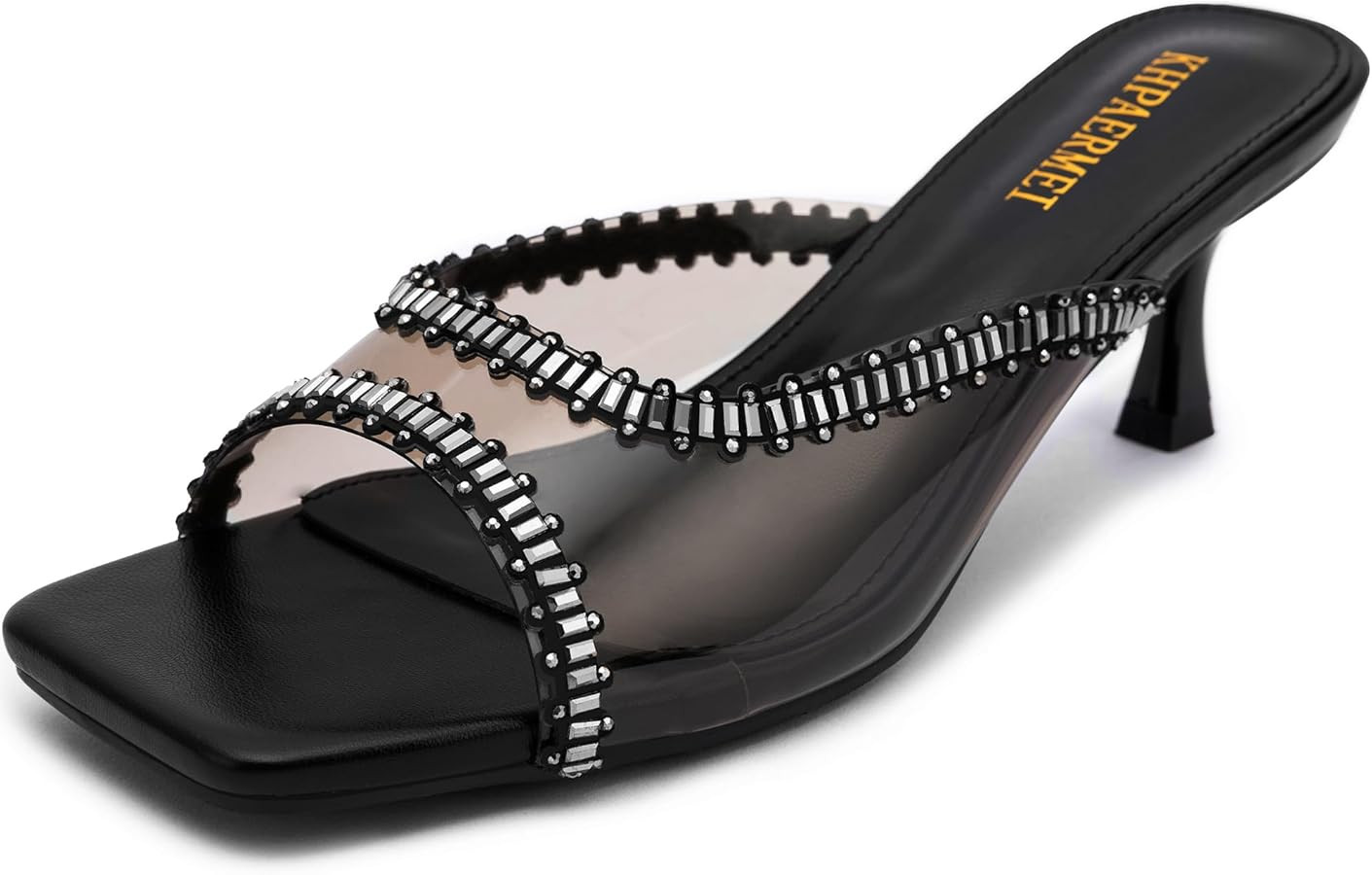 KHPAERMEI Rhinestone Kitten Heels for Women Open Square Toe Sandals Slip on Mules Stiletto Glitte... | Amazon (US)