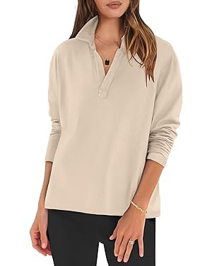 ANRABESS Women Long Sleeve Polo Shirts Casual V Neck Collared Boxy Fit Dressy Work Blouse Top Spr... | Amazon (US)