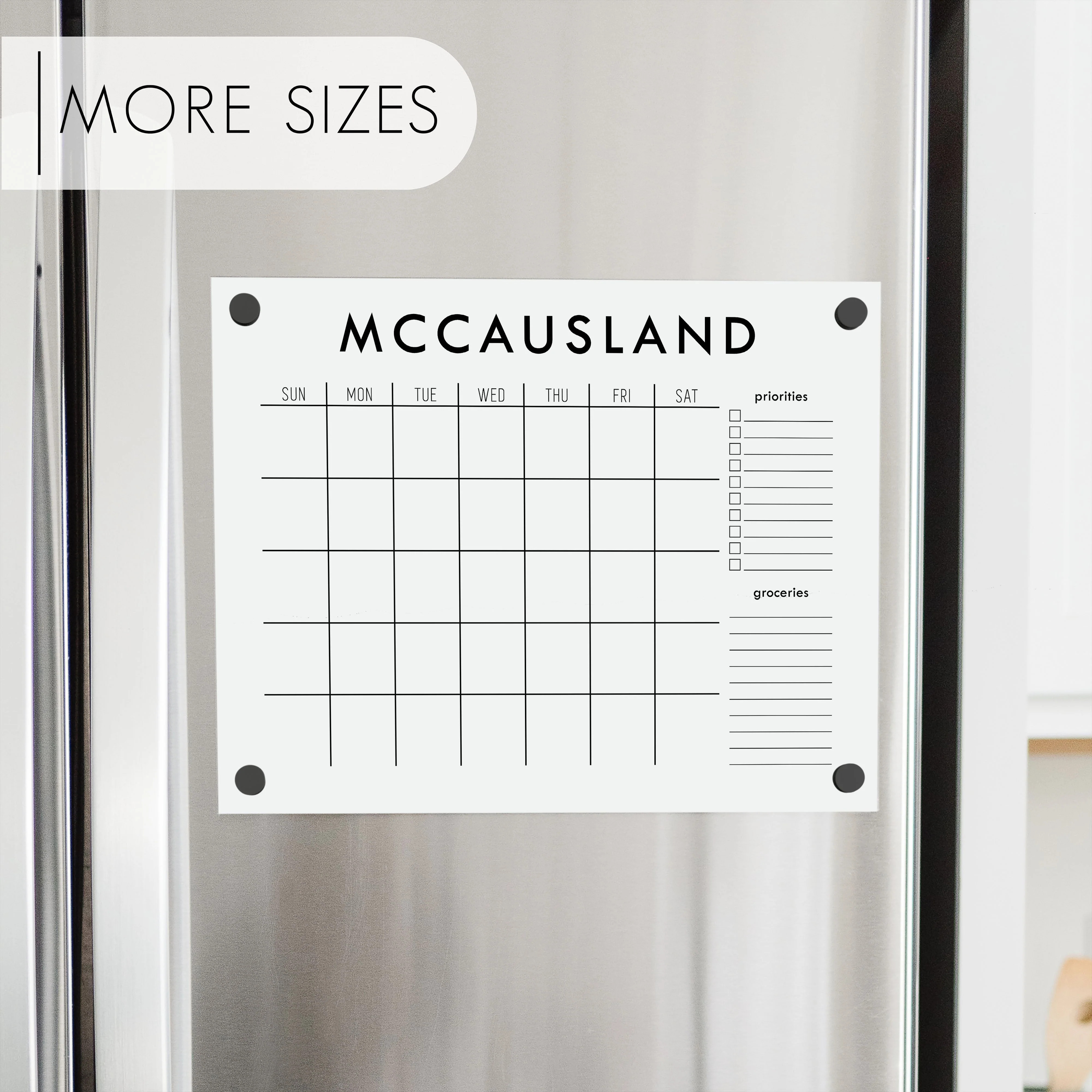 Monthly Acrylic White Fridge Calendar + 2 Sections | Horizontal Madi | Circle and Square Decor 
