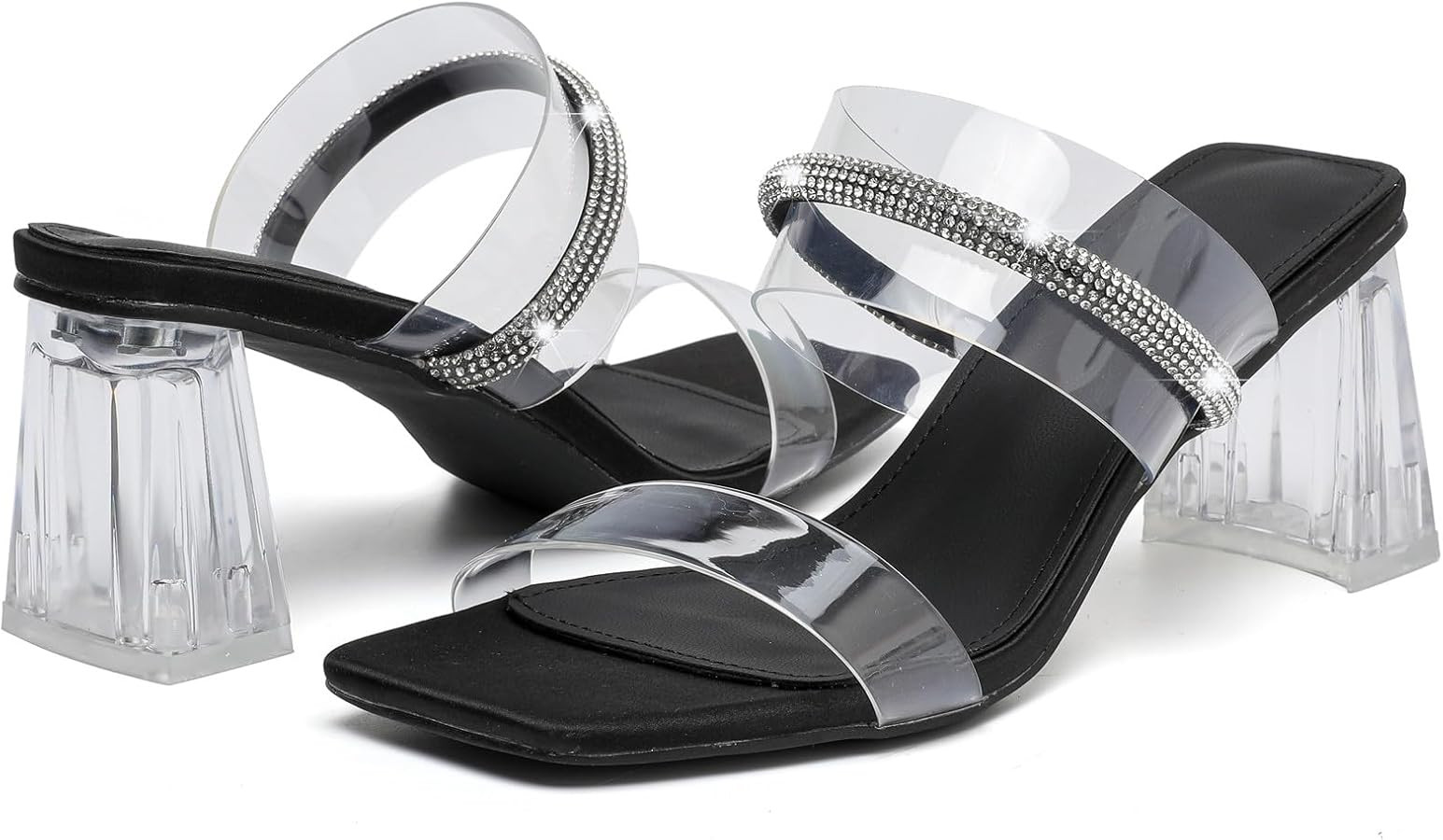 DADAWEN Women's Square Toe Clear Two Strap Open Toe Low Block Chunky Slip on Heels Sandals for Wo... | Amazon (US)