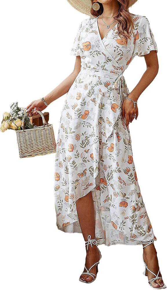 BerryGo Women's Boho V Neck Ruffle Floral Wrap Maxi Dress | Amazon (US)