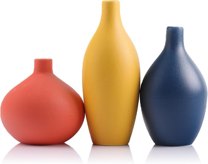 Ceramic Vase Set of 3, Minimalist Yellow, Orange, Blue Vases - Modern Farmhouse, Living Room, She... | Amazon (US)