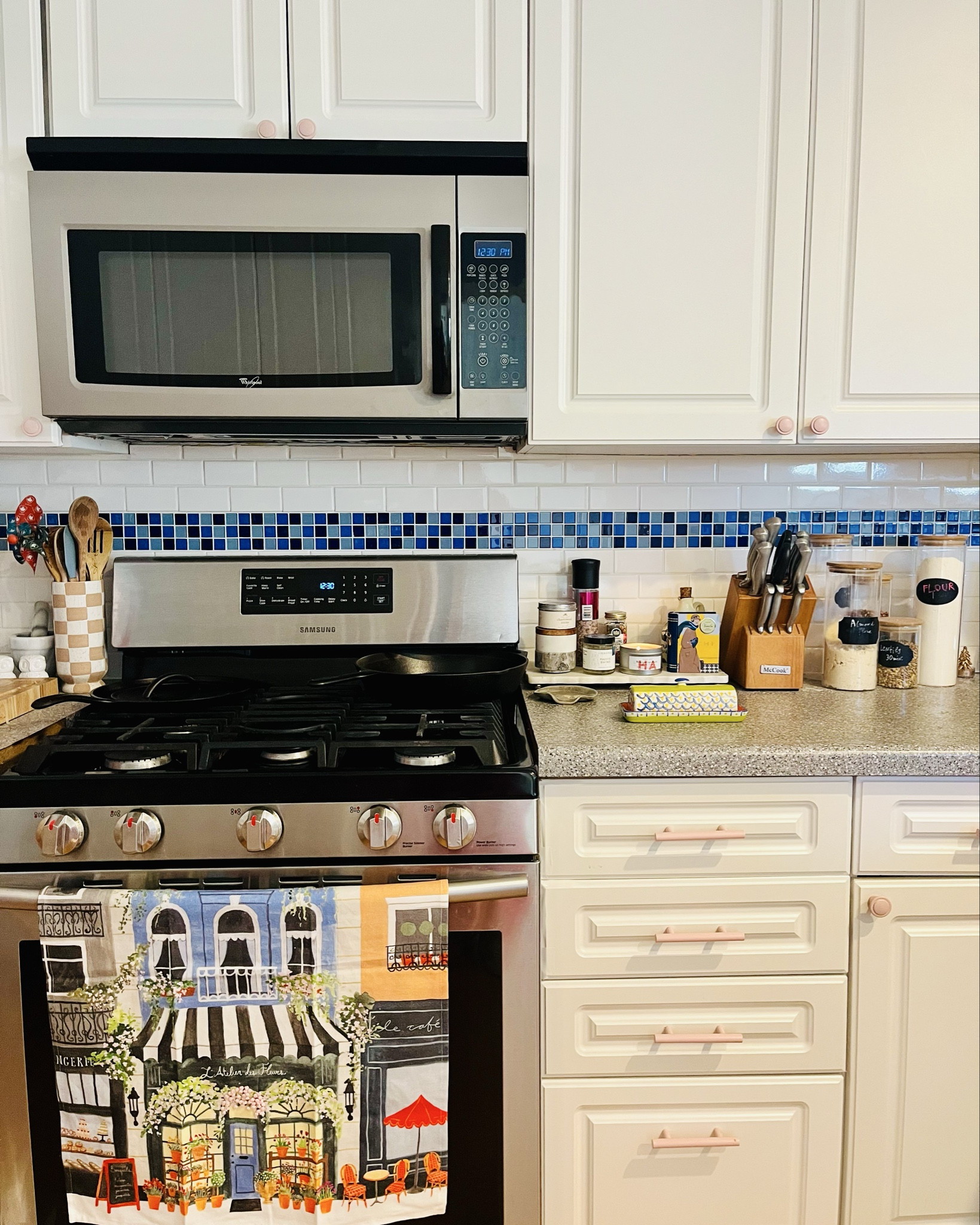 Kitchen views! I have been spending so much time inside lately because of the Arctic blast. We have been baking/cooking more than usual! I LOVE this new Anthropologie dish towel, gives me a hope for Spring. I regularly use these knives. And I love the pink blush cabinet pulls/knobs. They come in different colors if you are not a pink blush fan. #kitchen #cooking #kitchen decor

#LTKHome #LTKSeasonal #LTKFamily