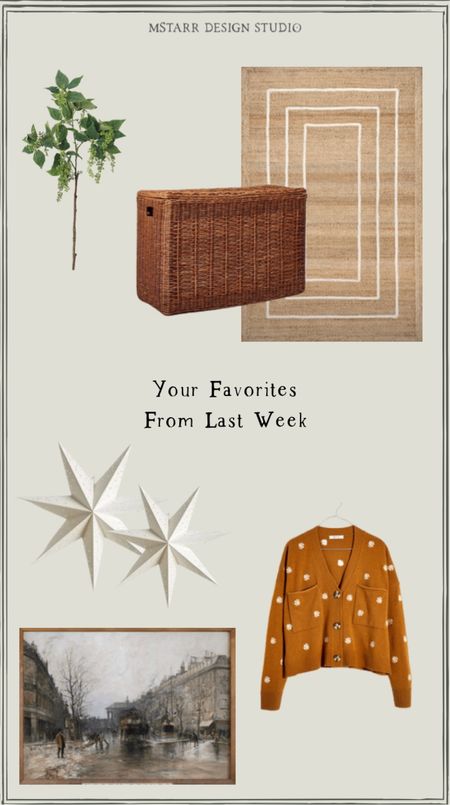 Your favorites from last week...

Paper star decorations, a gorgeous cardigan, jute rug, storage basket, and frame tv winter art! 

#urbanoutfitters #rugsusa #target #madewell #mcgeeandco #afloral #etsy #frametv #samsung

#

#LTKunder50 #LTKhome #LTKHoliday