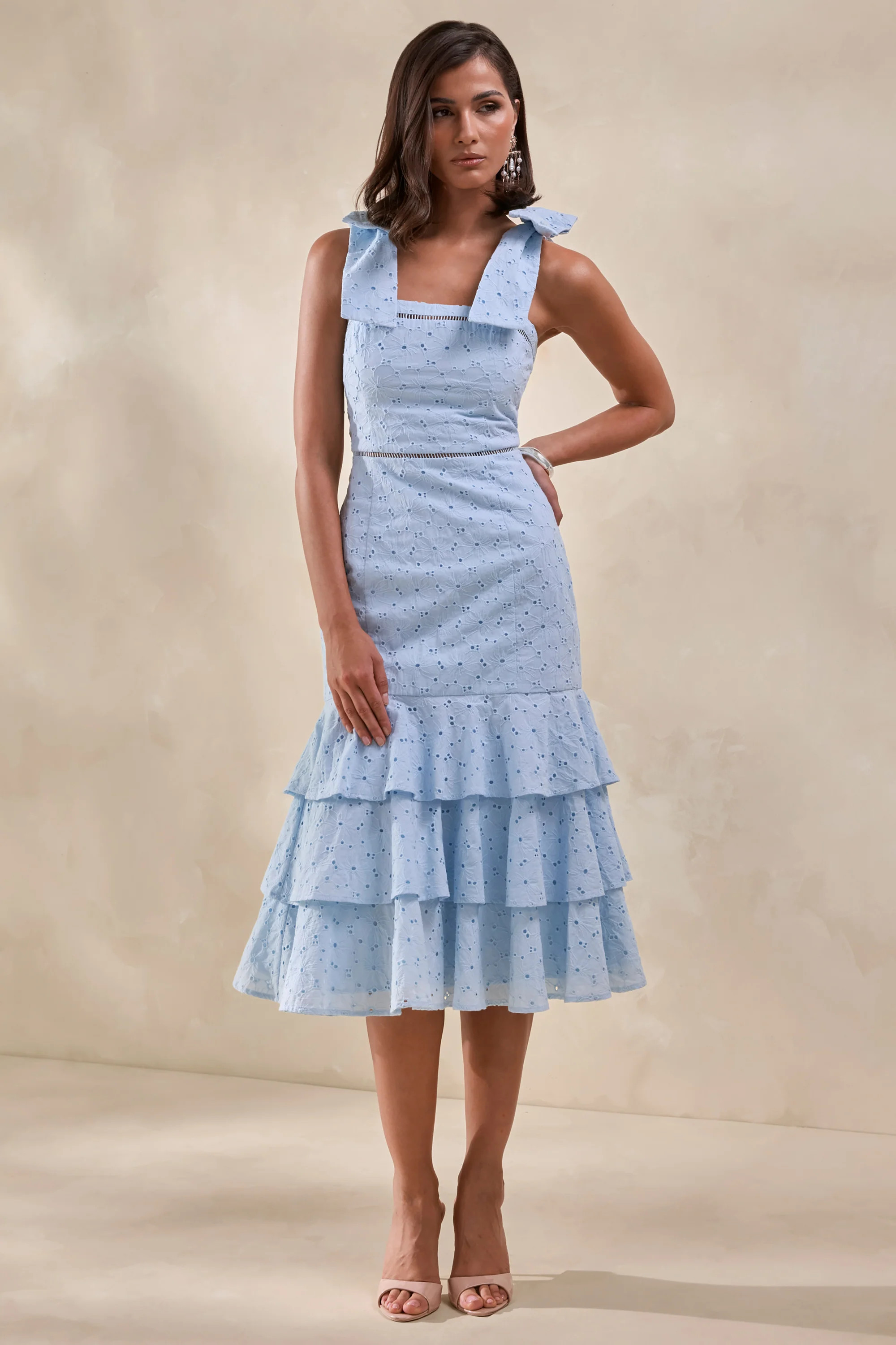 Velissia | Blue Broderie Square-Neck Midi Dress With Bow-Sleeves And Ruffled-Hem | Club L London