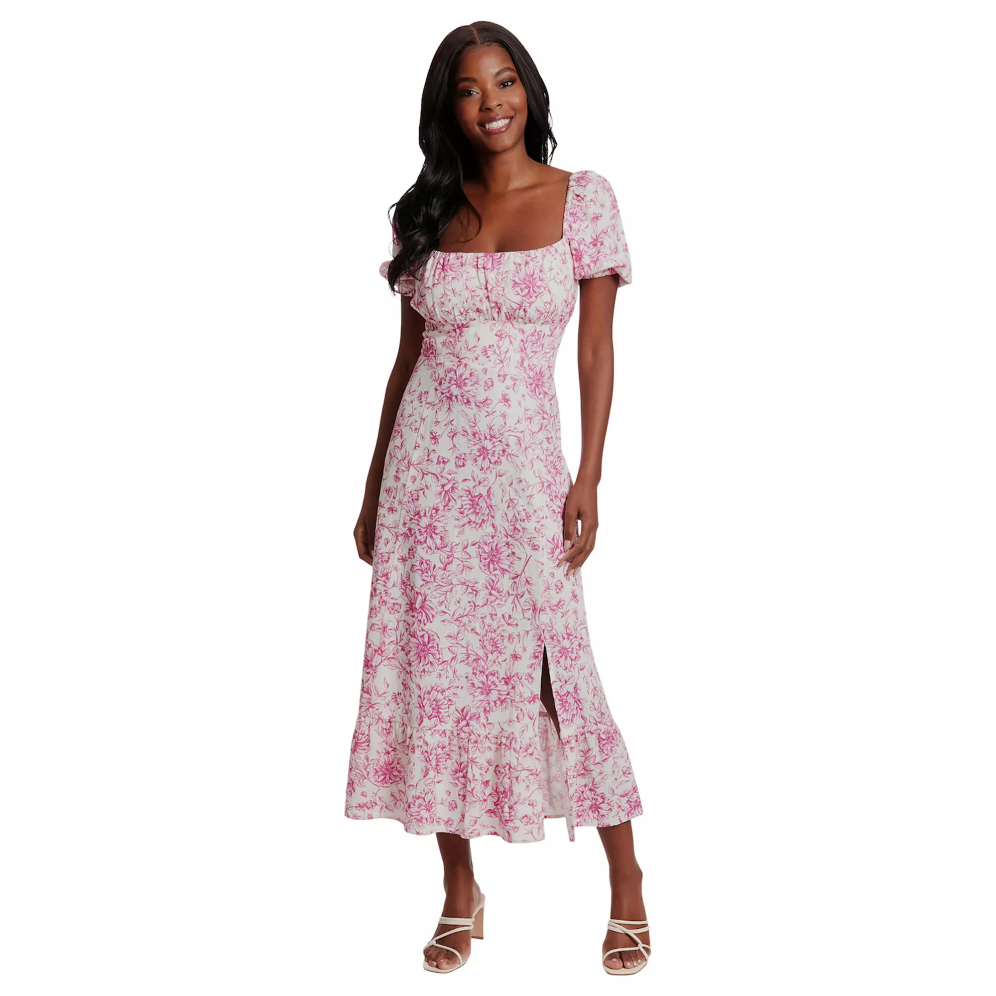Women's London Times Floral Squareneck Puff Sleeve Empire Waist Midi Dress | Kohl's