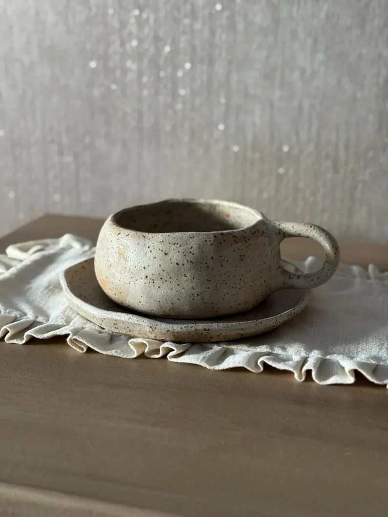 Handmade Ceramic Cappuccino Mugs and Saucer: Rustic Toasted White Nordic Cups - Etsy Canada | Etsy (US)