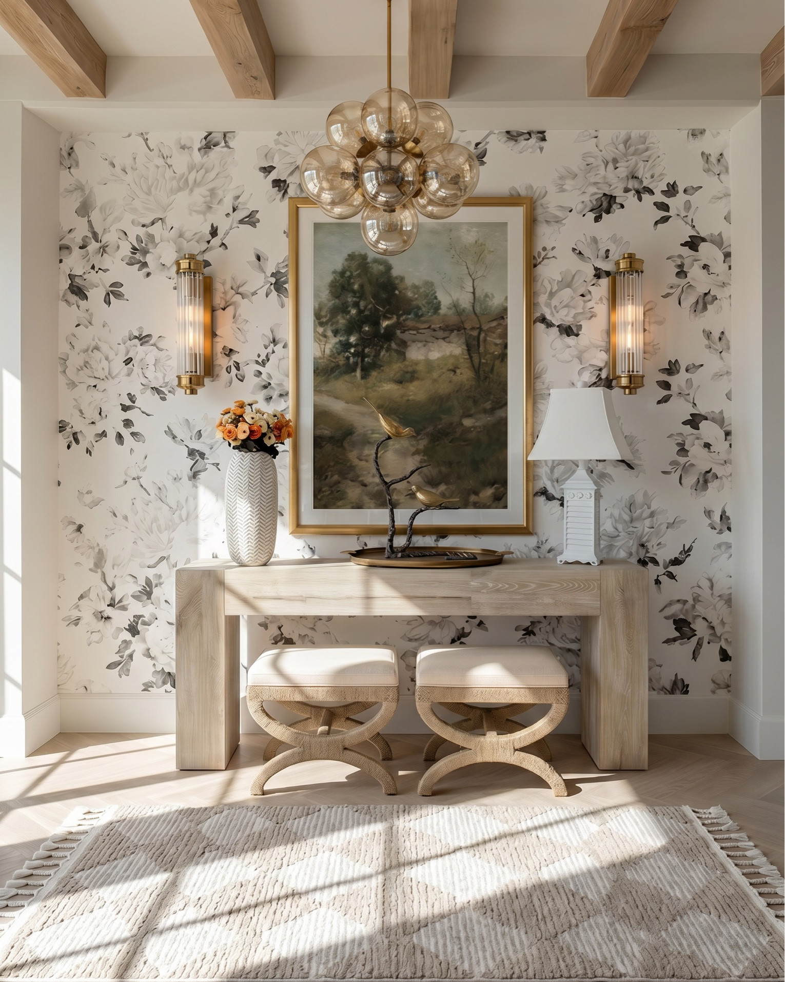 * Light wood console table / entryway table
* Upholstered ottoman stools (set of 2, curved wood base)
* * Neutral area rug (textured, cream/ivory)
* Modern glass globe chandelier (cluster pendant light, brass finish)
* Wall sconces (cylindrical glass shades, gold/brass fixtures)
* Table lamp (white shade, sculptural ceramic base)
* Floral wallpaper (neutral tones, oversized botanical print)
* * Framed landscape artwork (gold frame, traditional painting style)
* Ceramic vase (textured, tall, neutral tone)
* Artificial floral arrangement (orange and cream flowers)
* Decorative tray (round, metallic finish)
* * Bird sculpture décor (metallic, modern artistic figurine)
* Light wood dining table
* Oval wood dining table
* Fluted pedestal dining table
* Natural oak dining table
* Scandinavian dining table
* Modern organic dining table
* Cane back dining chairs
* Woven rattan dining chairs
* Light wood dining chairs upholstered seat
* Minimalist dining chairs set of 6
* Wooden sideboard cabinet
* Light oak buffet cabinet
* Modern farmhouse sideboard
* Glass door display cabinet / black cabinet
* Linear globe chandelier
* Modern black chandelier dining room
* Glass globe pendant light
* Minimalist linear suspension light
* Contemporary dining room lighting fixture
* Brass and black light fixture
* Long rectangular chandelier
* White ceramic vase large
* Neutral vase decor
* Dried pampas grass arrangement
* Dried floral stems decor
* Organic modern centerpiece
* Sculptural white bowl decor
* Decorative coffee table bowl
* Minimalist table decor styling
* Neutral home accessories
* Modern ceramic decor objects
* Vintage neutral area rug
* Beige traditional rug
* Distressed Persian style rug
* Large dining room rug neutral
* Earth tone patterned rug
* Washable vintage rug
* Sheer white curtains floor to ceiling
* Linen curtain panels neutral
* Light filtering curtains modern
* Black window frames modern farmhouse
* Extra long curtain drapes

#LTKsale #LTKhome
