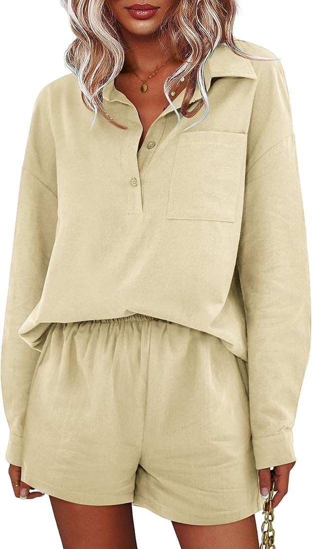 Zeagoo Womens 2 Piece Outfits Lounge Sets Cotton Linen Long Sleeve V-Neck Shirt and Mini Shorts W... | Amazon (US)