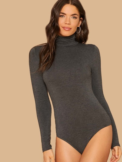 SHEIN High Neck Form Fitted Heather Grey Bodysuit | SHEIN