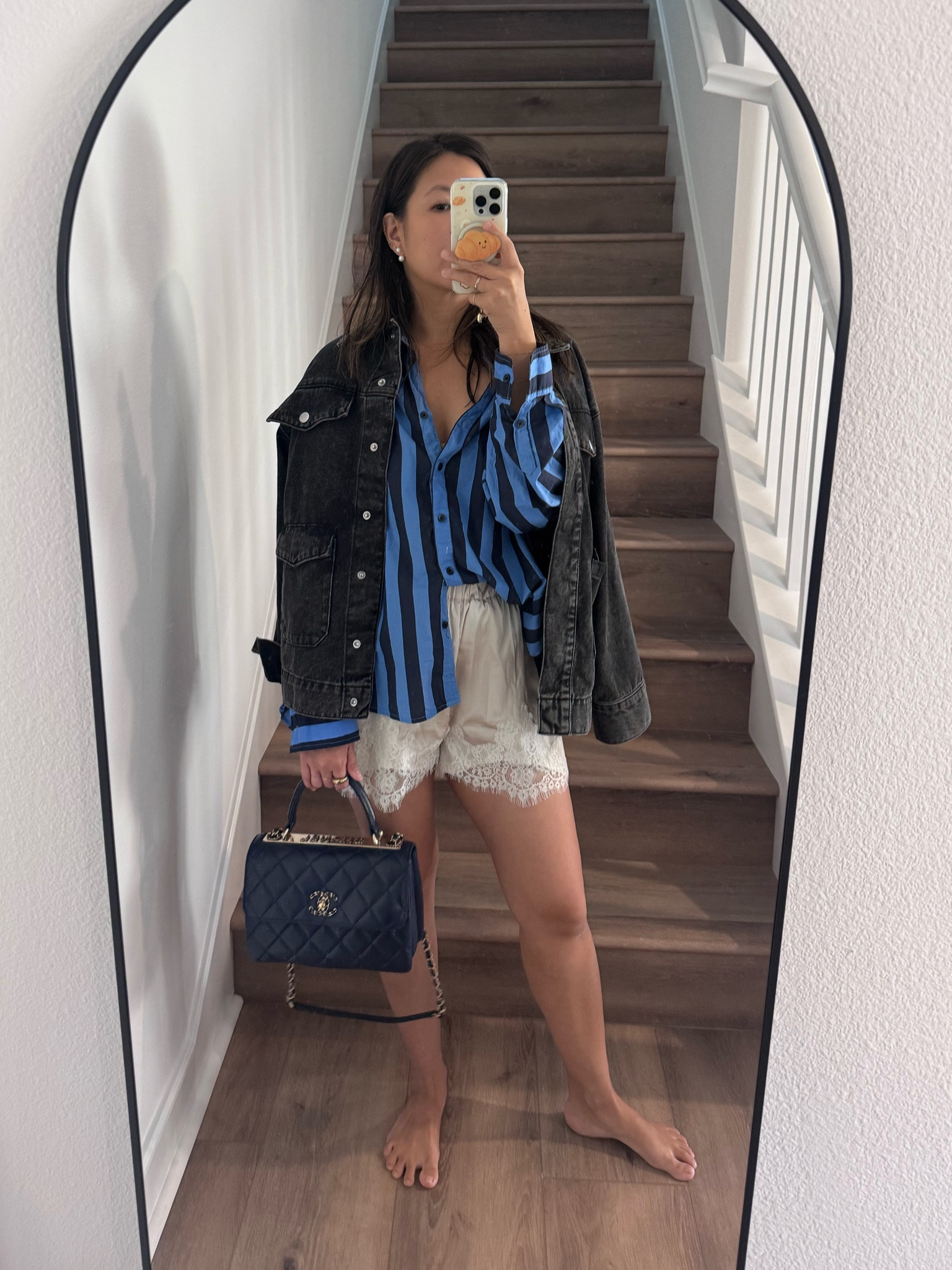 aerie shirt in S, shorts in L 
hm jacket is old but similar shacket / chore jackets linked 