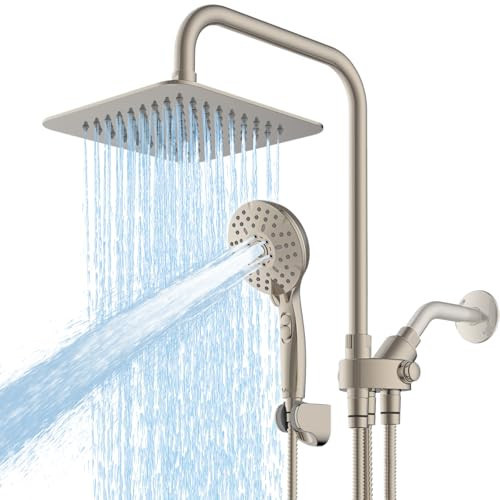 Ryamen 8" Dual Shower Head Combo, High Pressure Rainfall Shower Head with Handheld, 6 Spray Settings Angle Adjustable Handheld Shower Head with Pause, Height Adjustable, Brushed Nickel | Amazon (US)