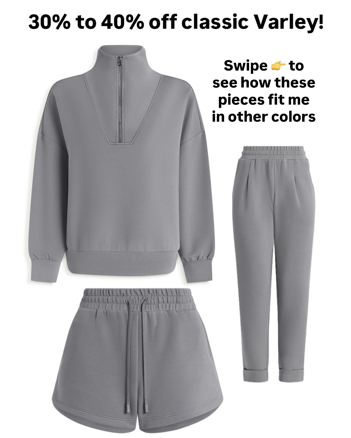 Only select colors are on sale. I’m XXs in each Varley piece and 25” inseam! 

Video 1 shows the Hawley sweatshirt and rolled pants uncuffed in 25”

Video 2 shows the Hawley sweatshirt and a different style shorts

Video 3 shows the Coulter shorts