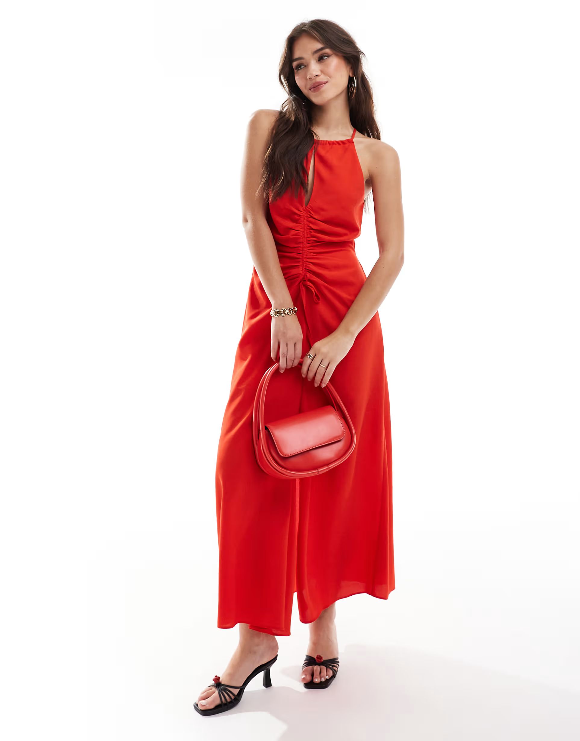 ASOS DESIGN high neck ruched front midi dress in red | ASOS (Global)