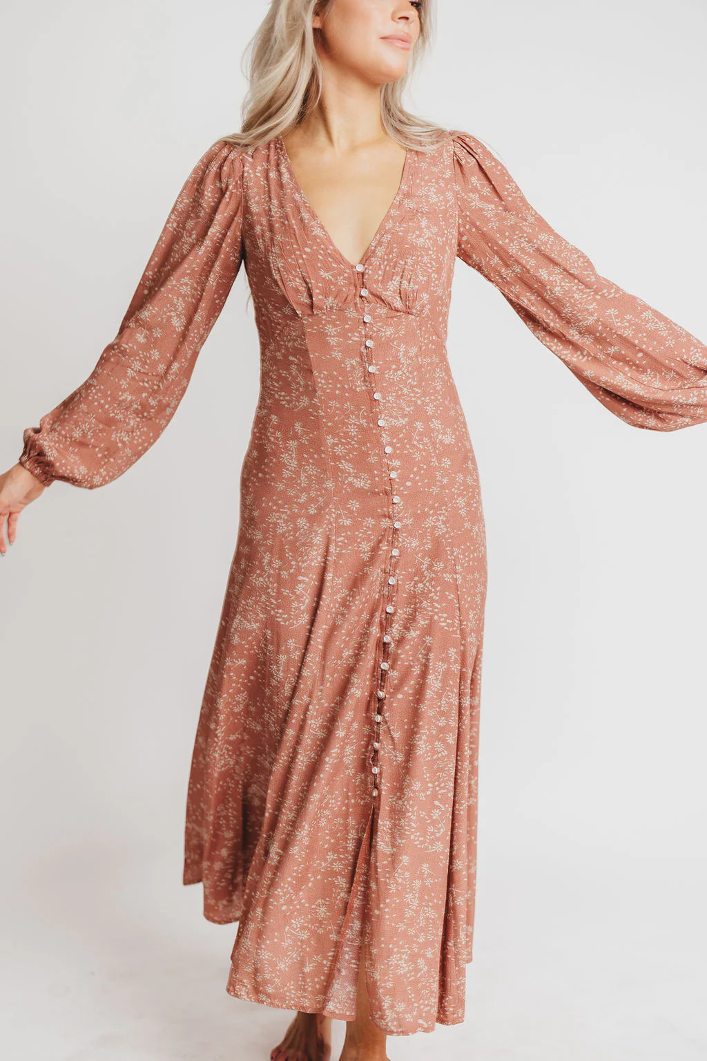 Brandi Long-Sleeve Button-Up Maxi Dress in Rosewood Floral | Worth Collective