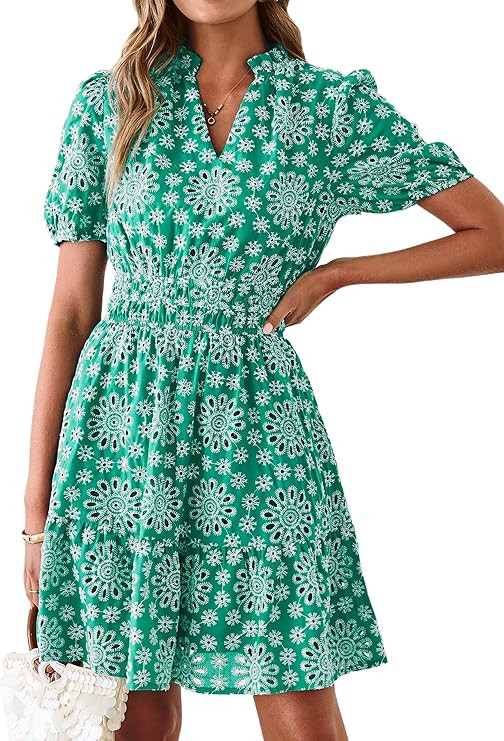 BerryGo Womens Summer Eyelet Mini Dress Beach Casual Puff Short Sleeve Lace V Neck Boho Hollow Ou... | Amazon (US)