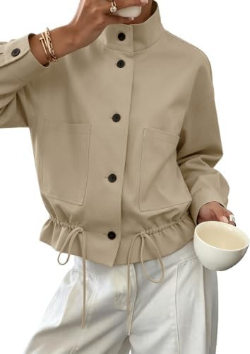 Womens Funnel Neck Jackets Drawstring Ruffle Hem Lightweight Coats | Amazon (US)