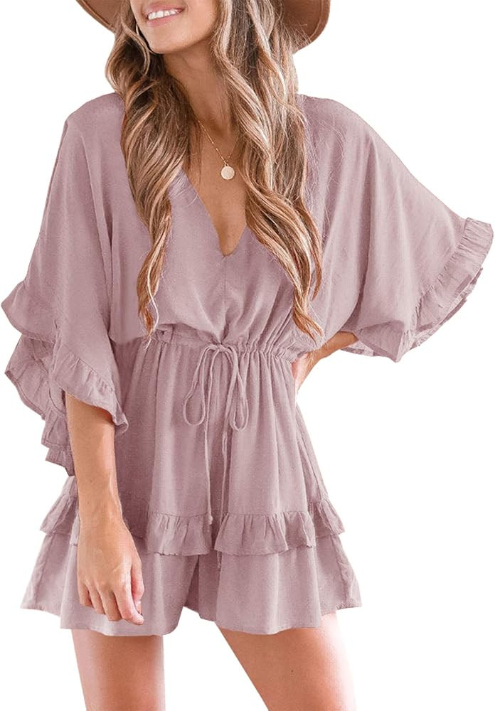 Womens V Neck Beach Romper Ruffle Layered Drawstring Waisted Shorts Jumpsuit | Amazon (US)
