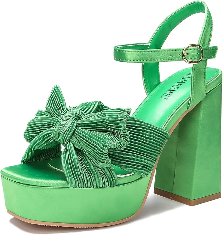 KHPAERMEI Bow Knot Platform Heels for Women Fashion Open Toe Chunky Heeled Sandals Ankle Strap We... | Amazon (US)