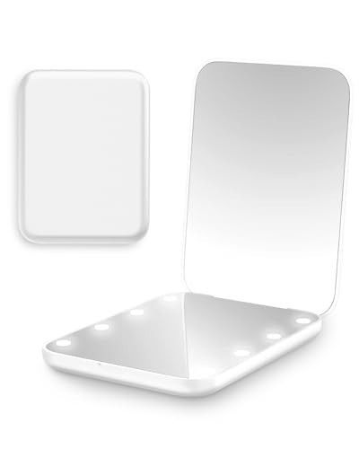 Rantizon Compact Mirror, Portable Travel Mirror with 8 LED Lights, Small, White, Tabletop Mount, Modern Style, Perfect for Personal Grooming and Makeup Application | Amazon (UK)