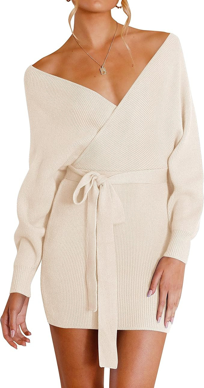 ZESICA Women's Long Batwing Sleeve Wrap V Neck Knitted Backless Bodycon Pullover Sweater Dress wi... | Amazon (US)